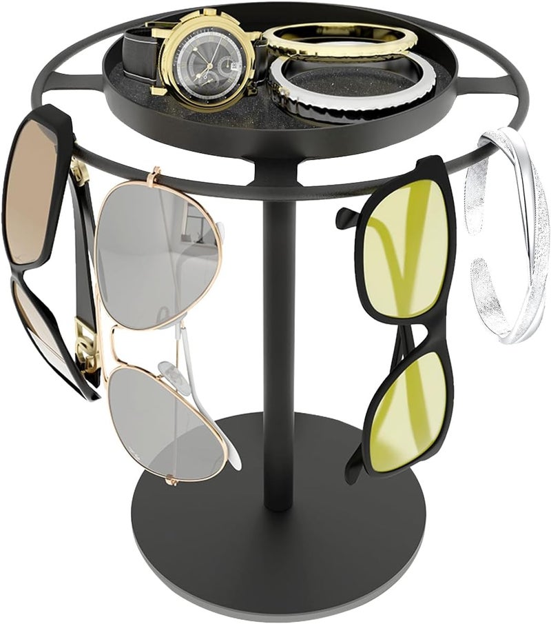 LSK Metal Sunglasses Organizer, Glasses Holder Stand with Storgae Tray, Eyeglasses Holder with Anti-Slip Pads for Tabletop, Desk, Dresser, Matte Black - Image 1